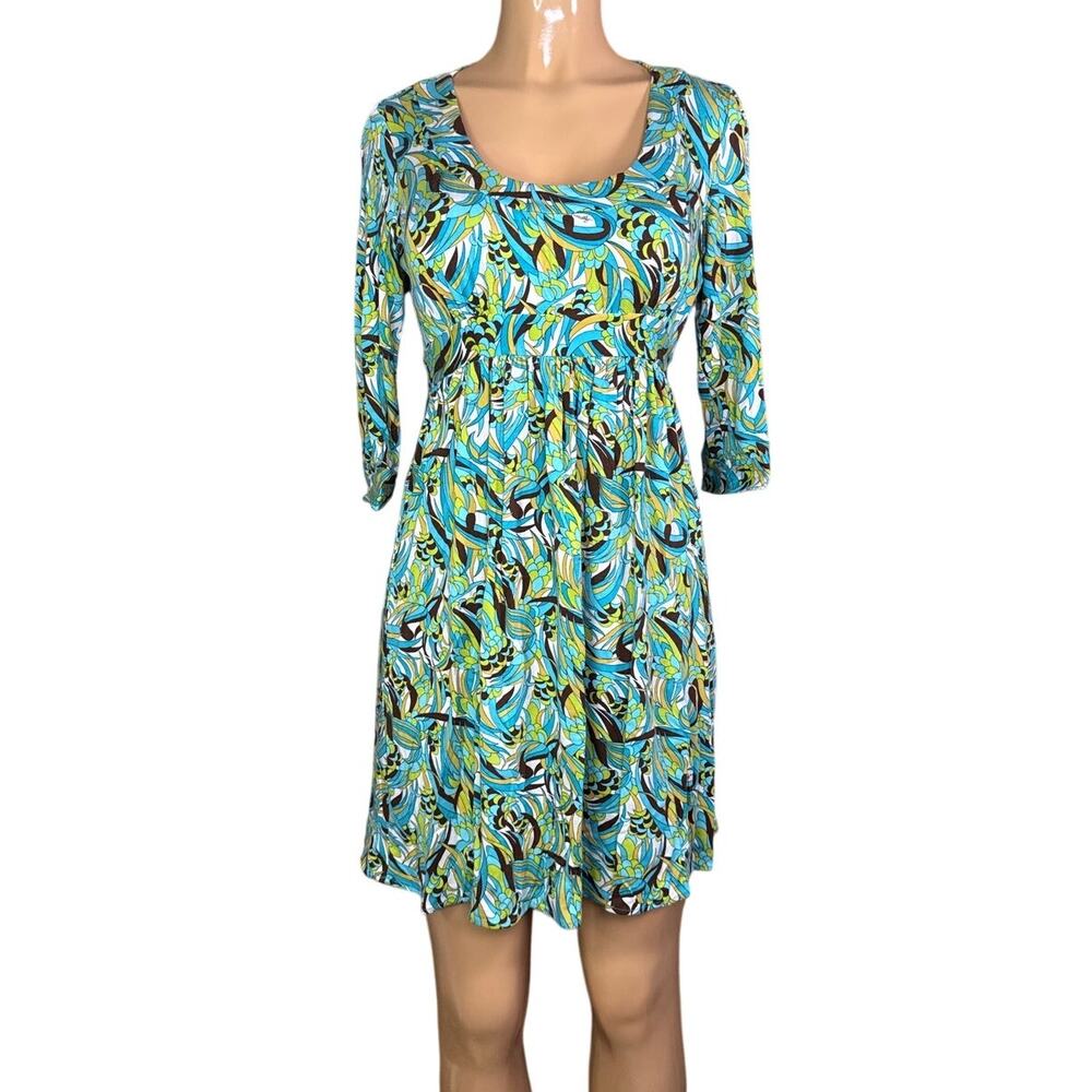 Milly of New York Blue Green Logo Print Crop Sleeve Dress Size Medium